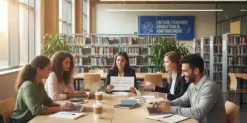 Students discussing student loan forgiveness programs and financial aid documents