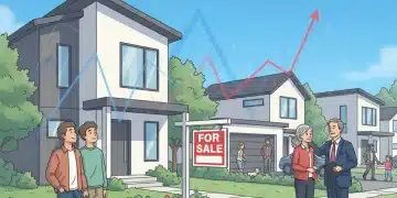 Modern neighborhood with 'For Sale' sign, market charts, and diverse homebuyers