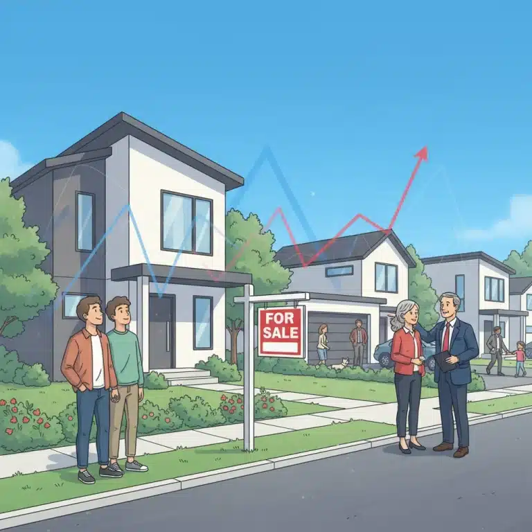 Modern neighborhood with 'For Sale' sign, market charts, and diverse homebuyers