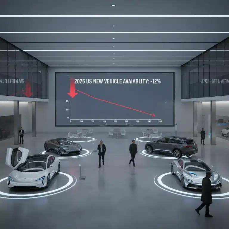 Sparse modern car showroom illustrating a 12% reduction in 2026 US new vehicle inventory.