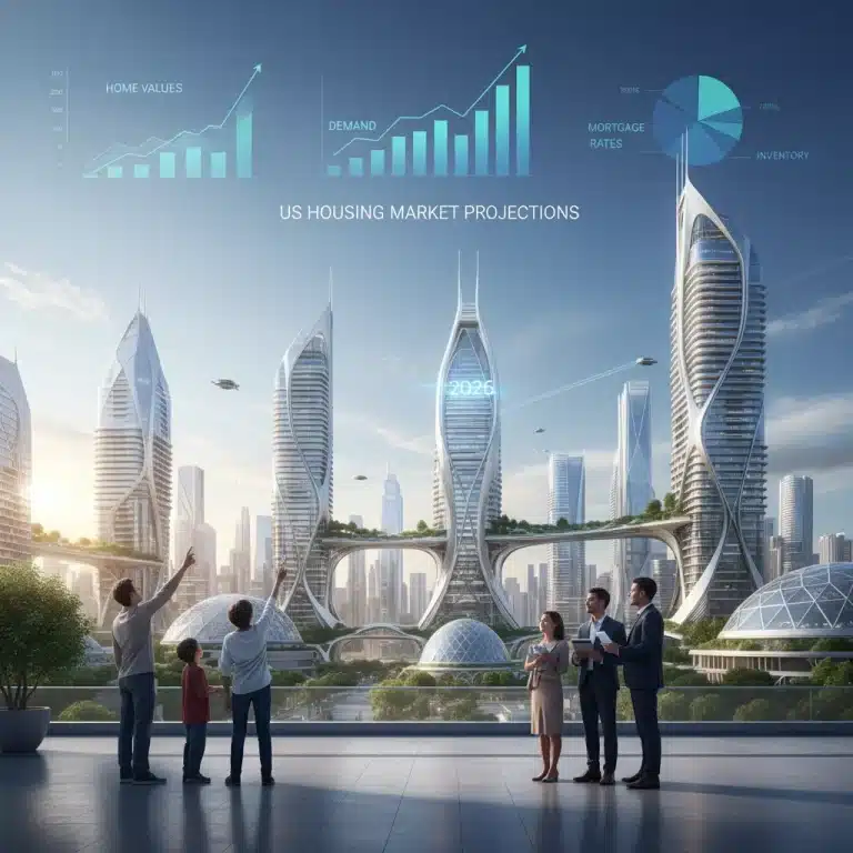 Futuristic cityscape representing 2026 US housing market trends and growth