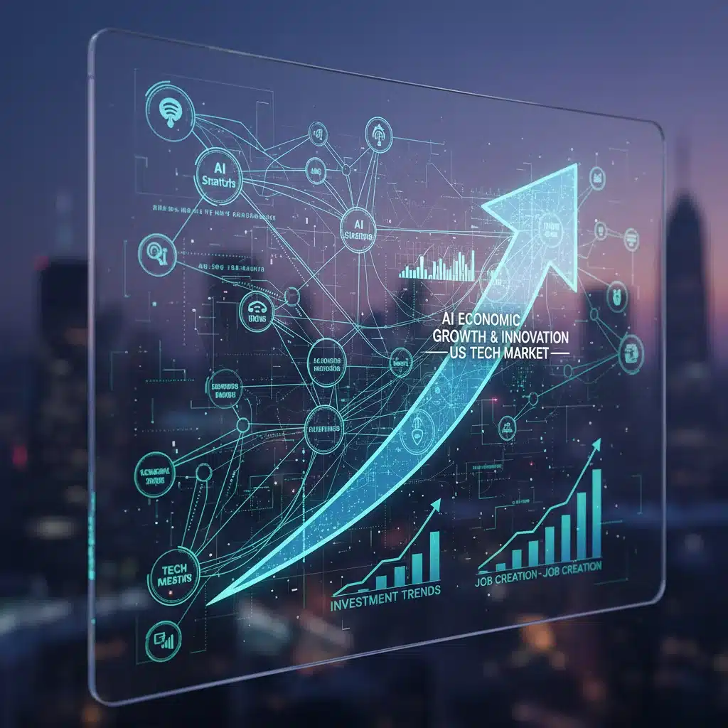 Complex data visualization with upward arrow, depicting economic growth and investment in US AI tech market.