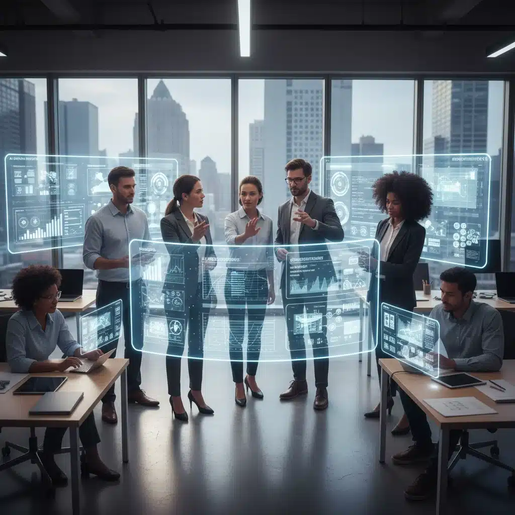 Professionals collaborating with holographic displays, showcasing AI-enhanced productivity in various industries.