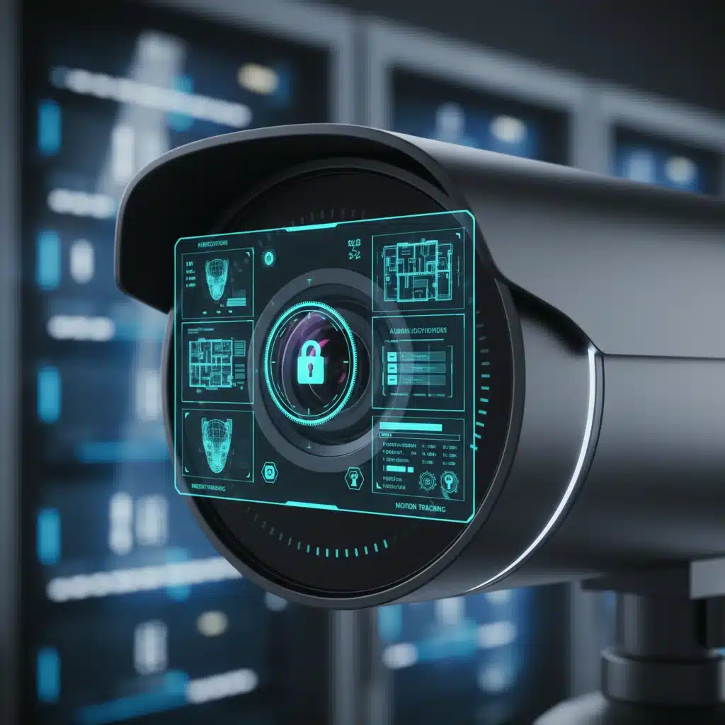 Close-up of a smart security camera lens with AI facial recognition in action.
