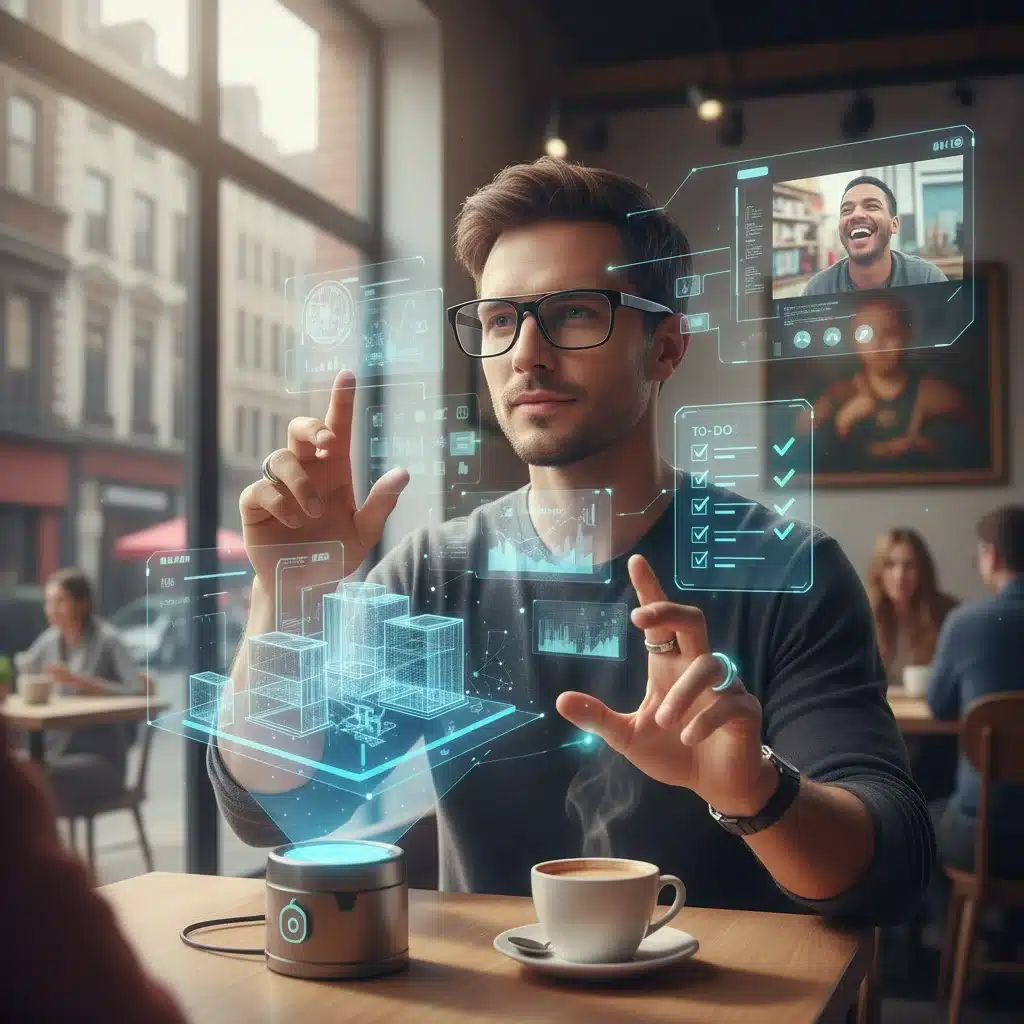User interacting with augmented reality glasses in a real-world setting.