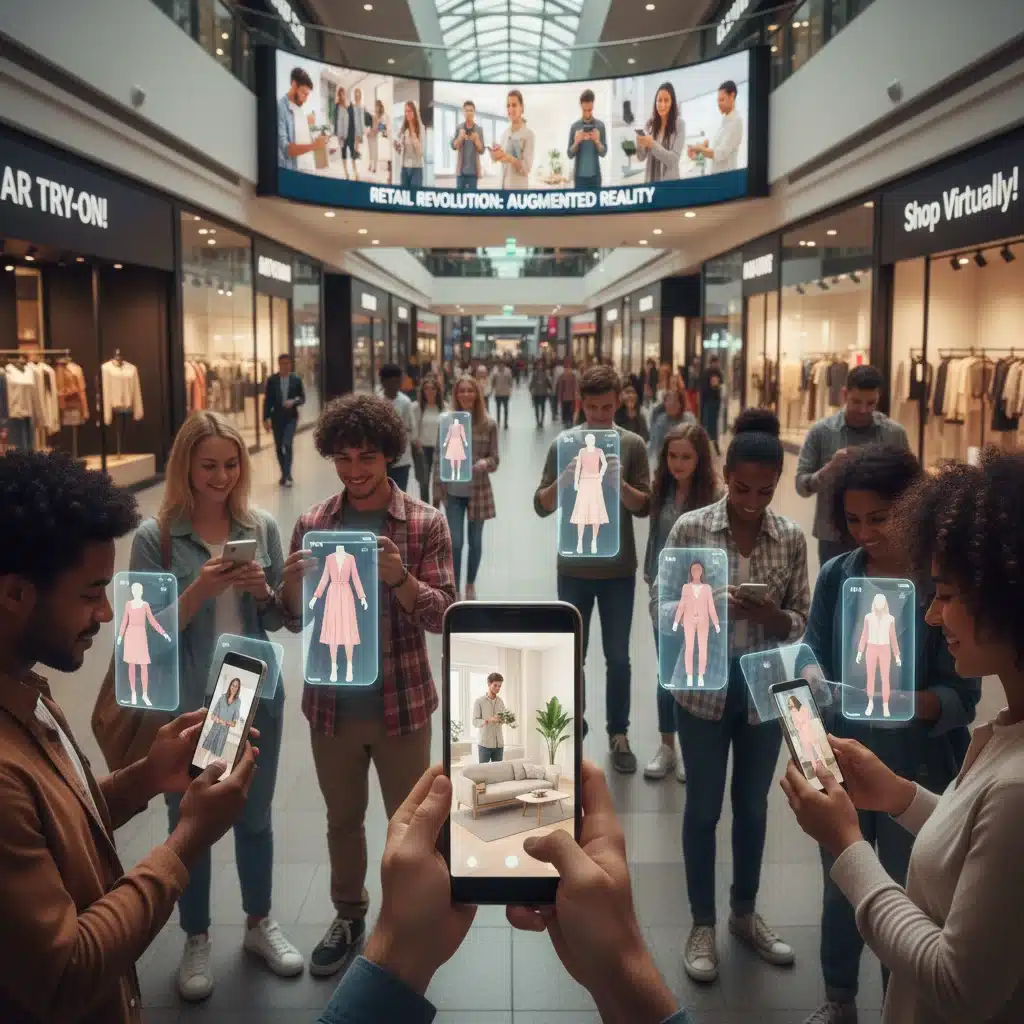 Consumers using augmented reality for virtual shopping experiences on mobile devices.