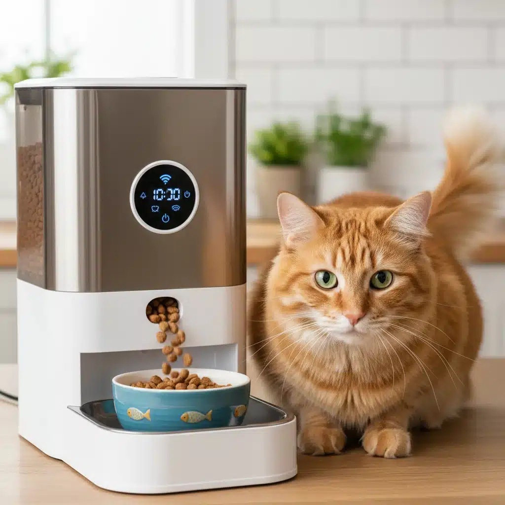 Automatic pet feeder dispensing food for a curious cat.