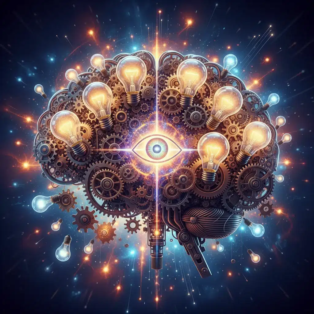 Brain with gears and light bulbs representing self-awareness and insights