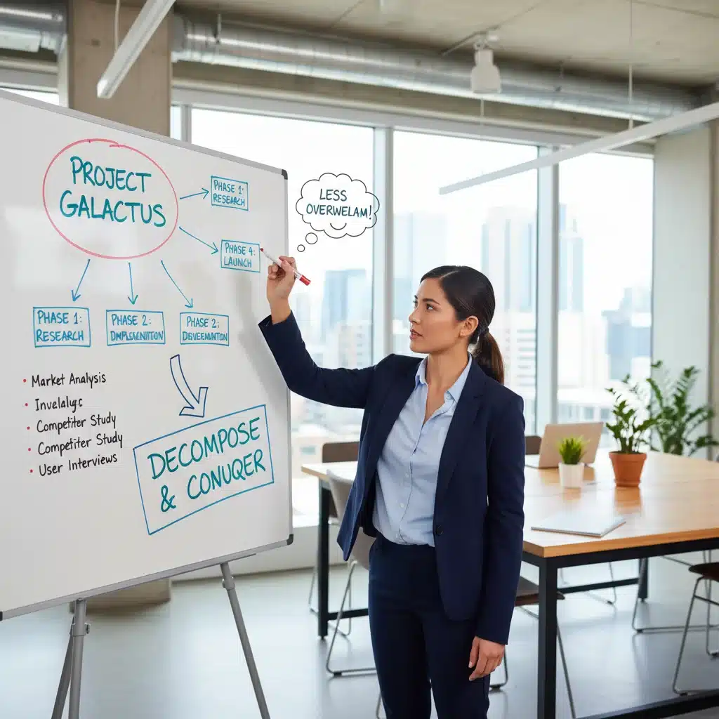 Professional breaking down a large project into smaller tasks on a whiteboard