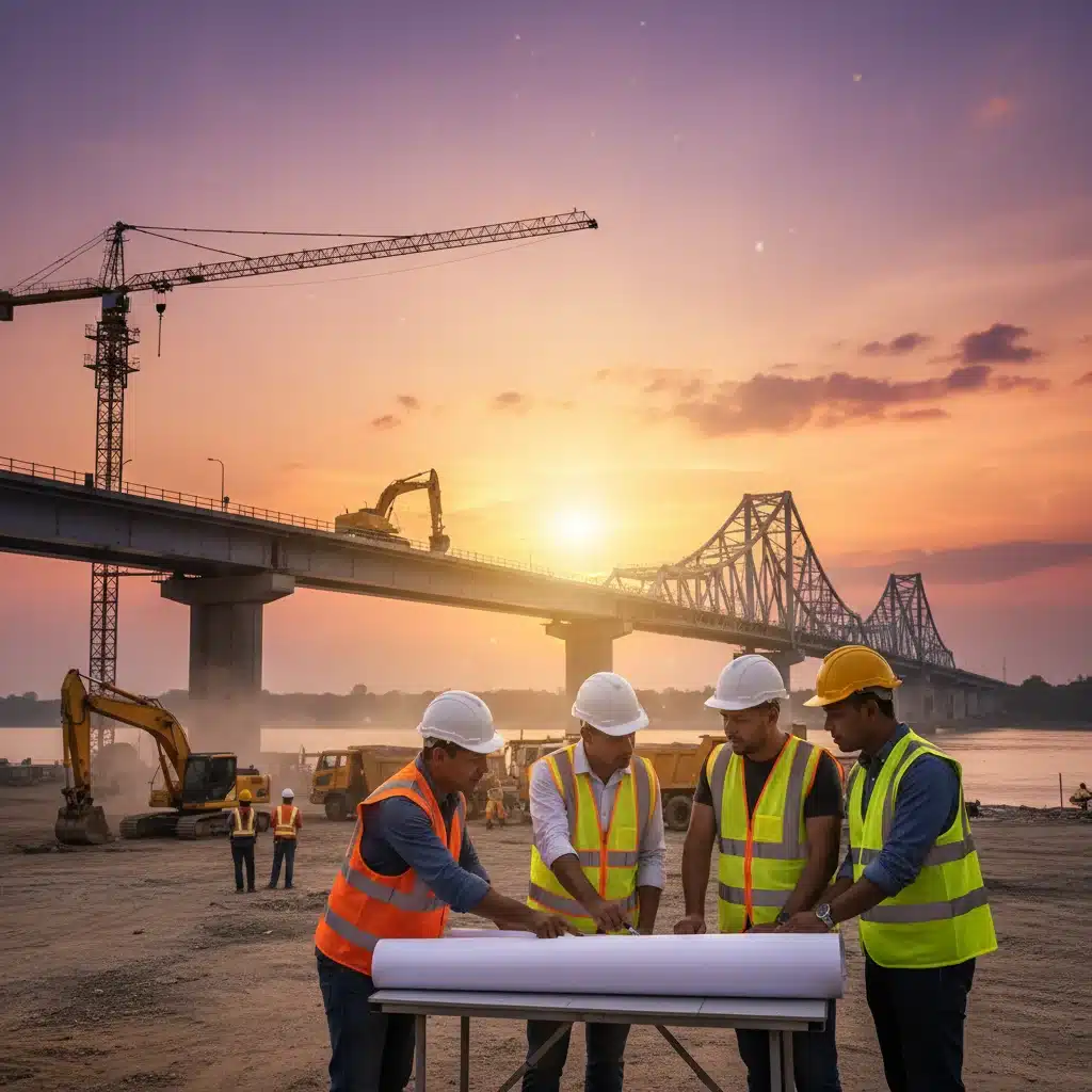Construction workers discussing plans on a bridge construction site