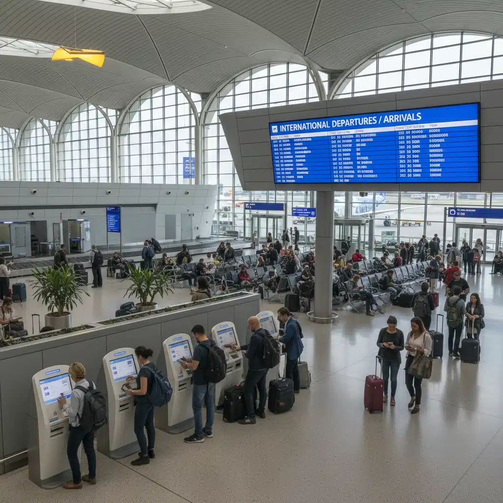 Busy airport terminal with international travelers, reflecting renewed air travel