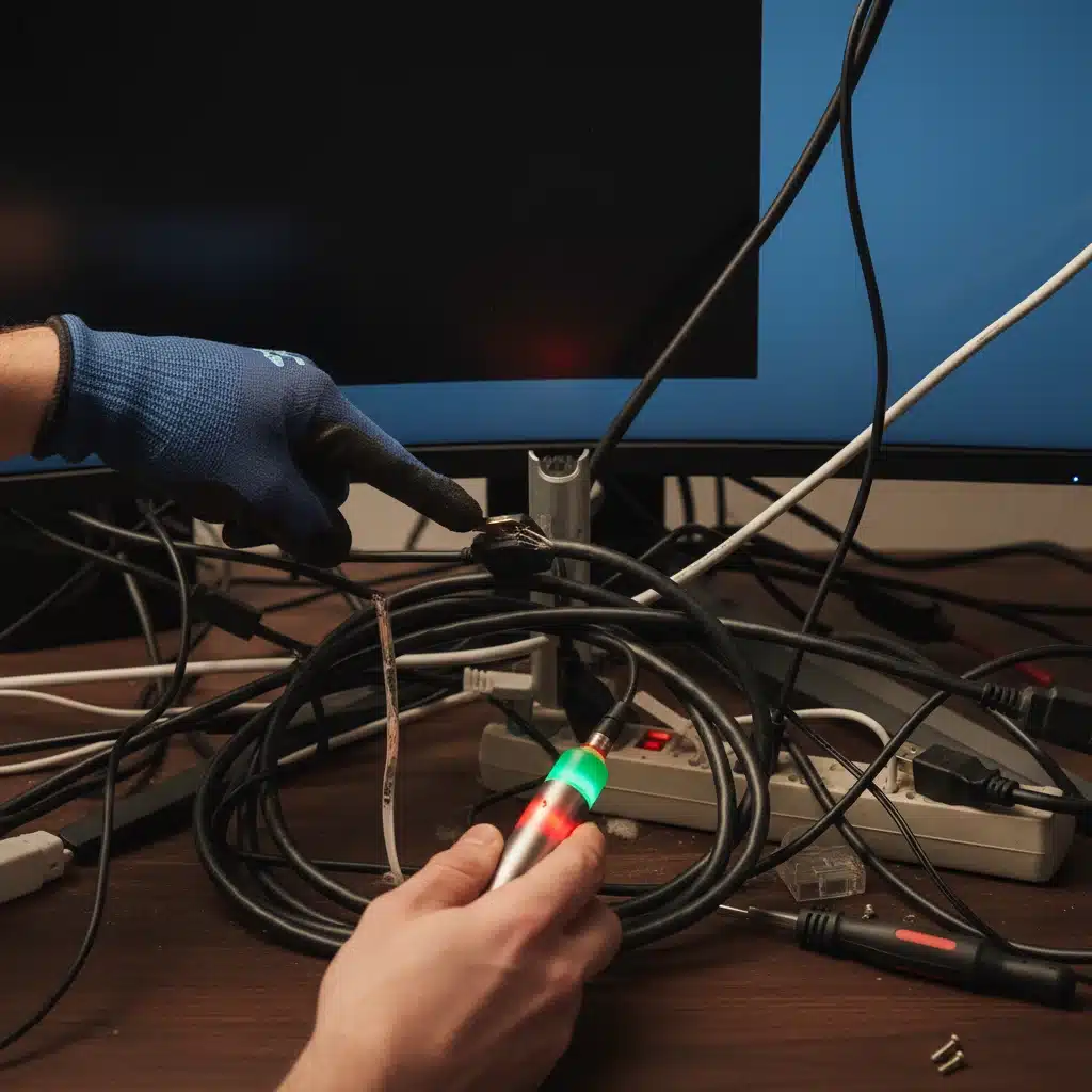Person troubleshooting tangled computer cables