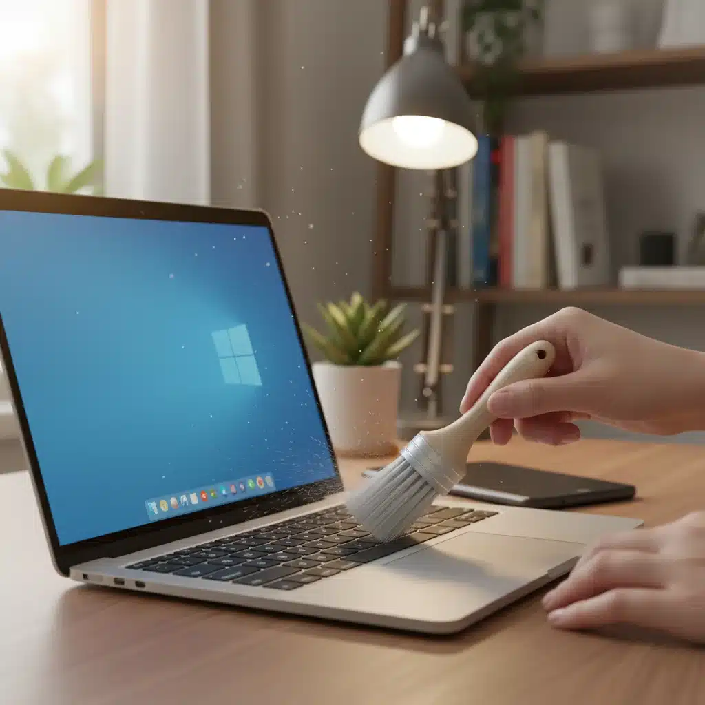 Person cleaning laptop vents with a brush