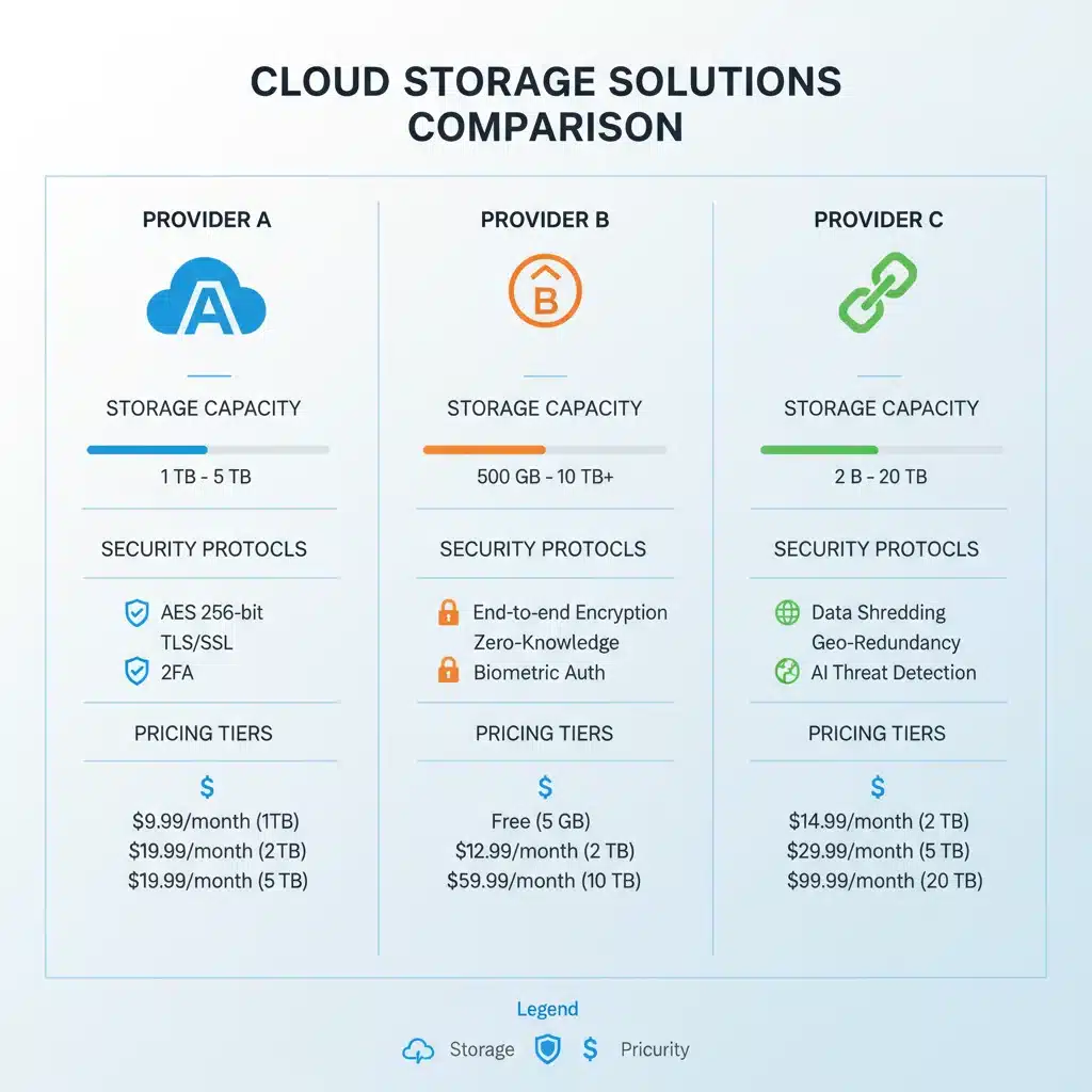 Infographic comparing features and pricing of three cloud storage providers