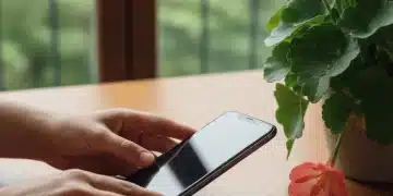 Conscious digital disconnection with a smartphone placed face down next to a plant
