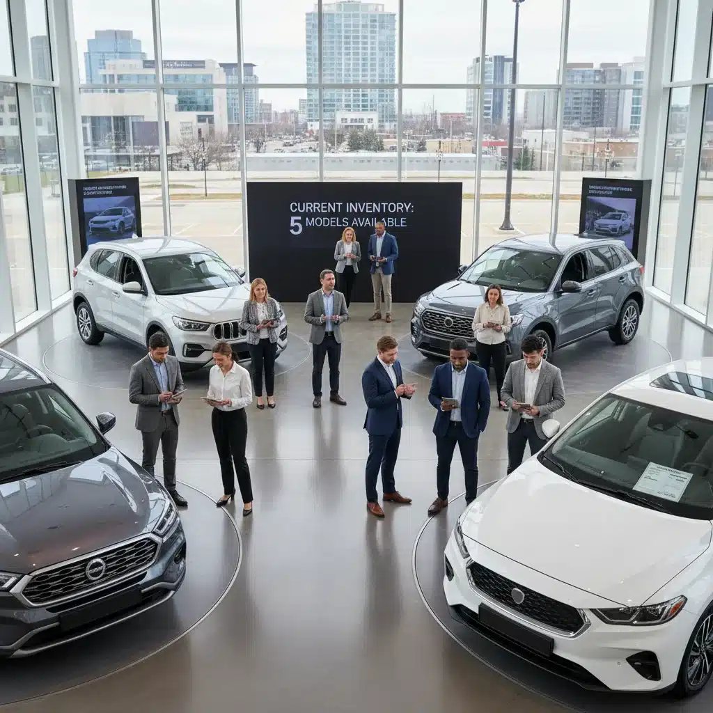 Consumers examining limited car models in a dealership, reflecting inventory shortages.