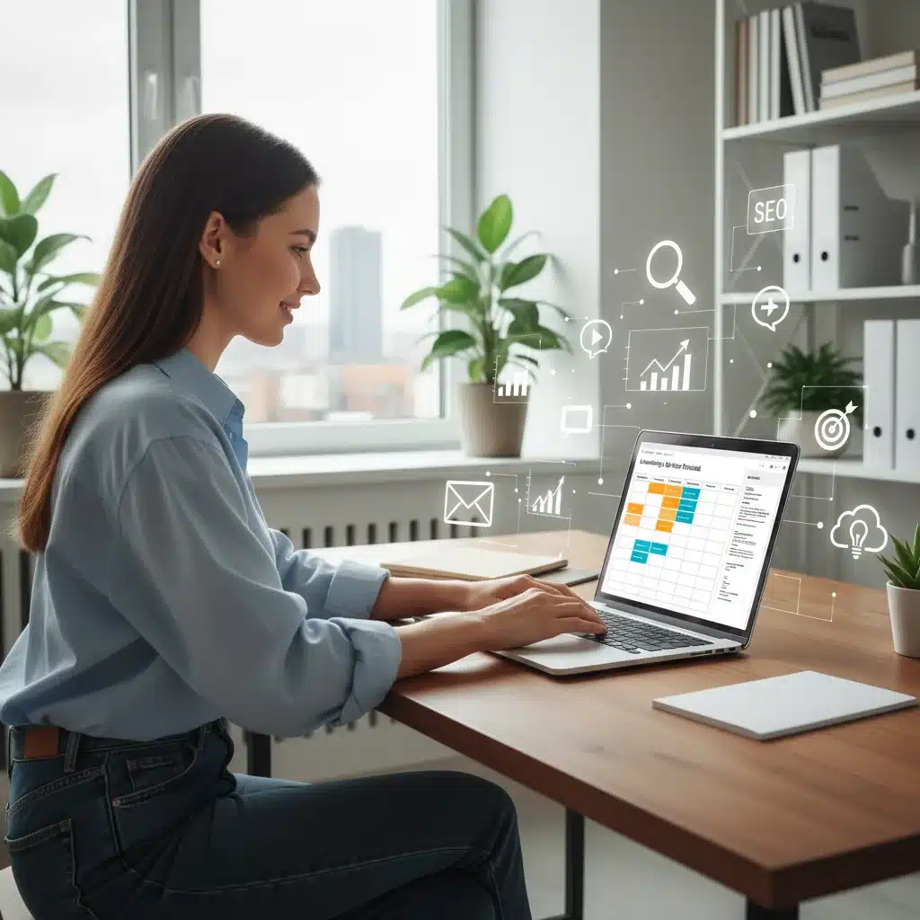 Content creator planning digital marketing content strategy on a laptop.