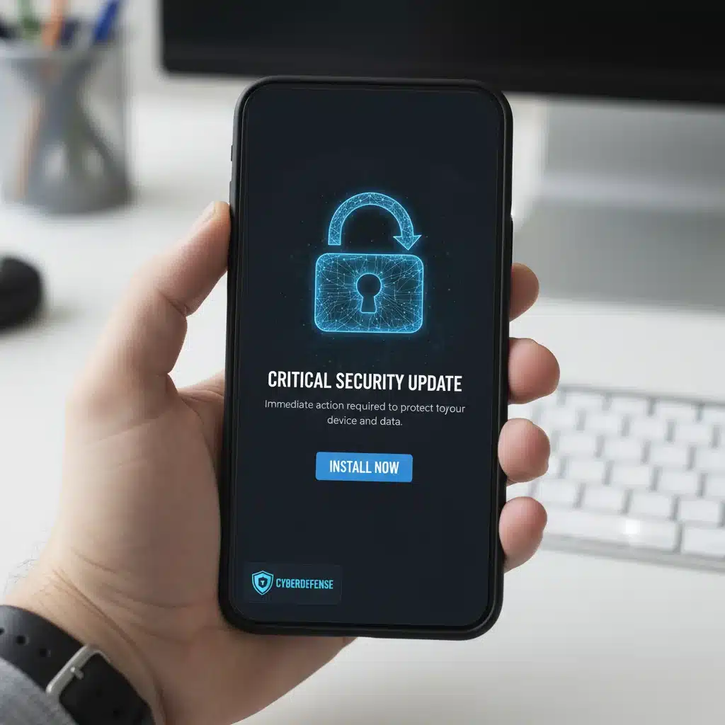 Smartphone showing critical security update notification with a padlock icon.