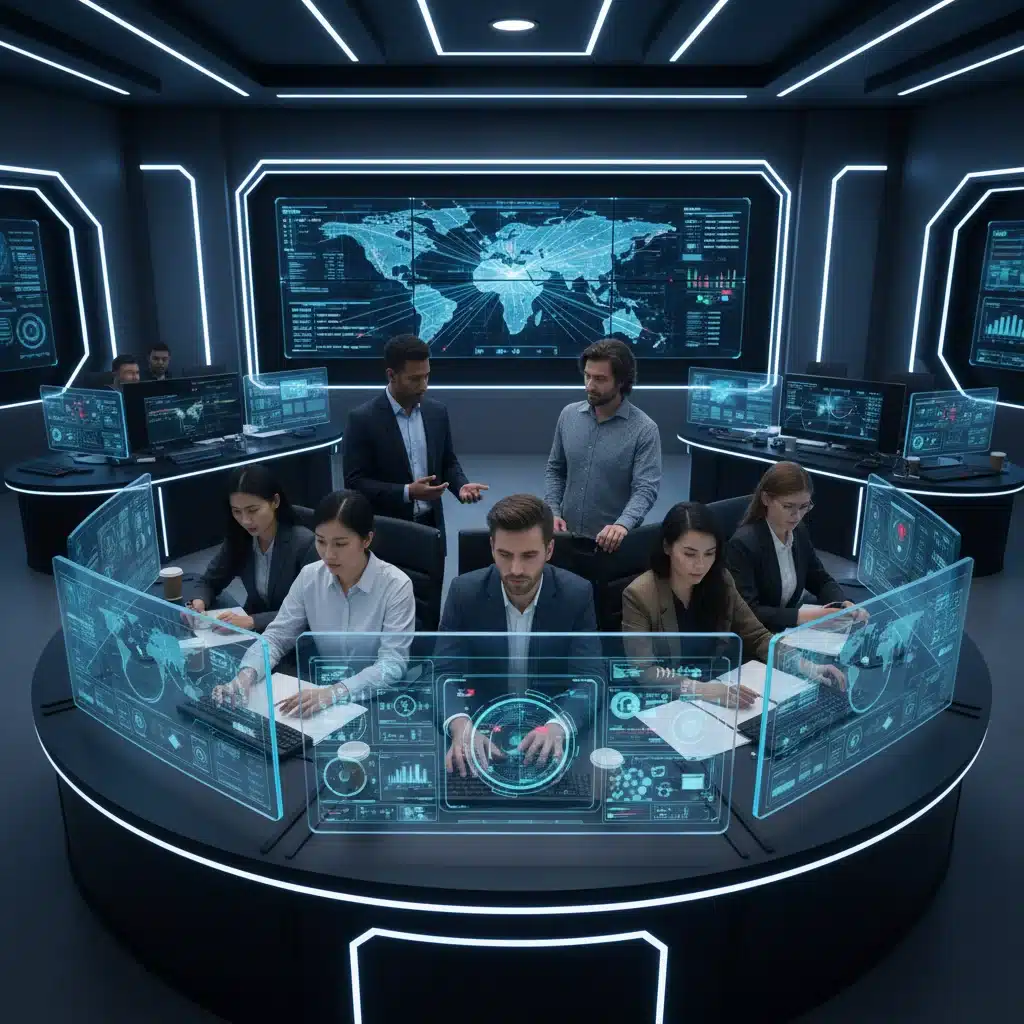 Cybersecurity team collaborating in a security operations center, implementing advanced data protection strategies.