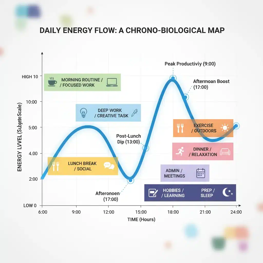 Graph showing daily energy level fluctuations and activities.