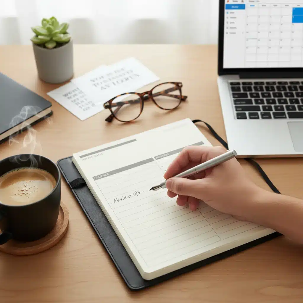 Hand writing in a planner, setting daily goals and tasks.