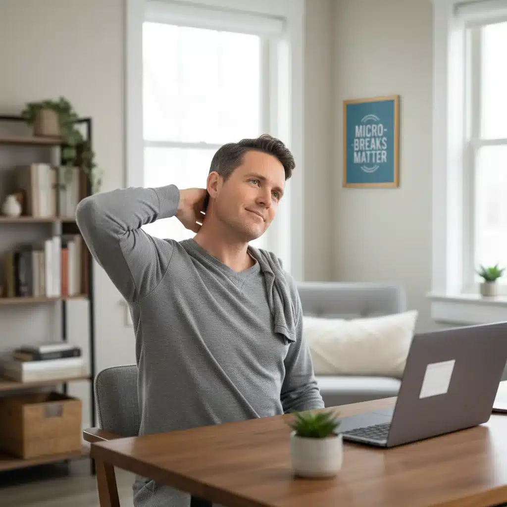 Remote worker performing a neck and shoulder stretch during a micro-break at their ergonomic desk.