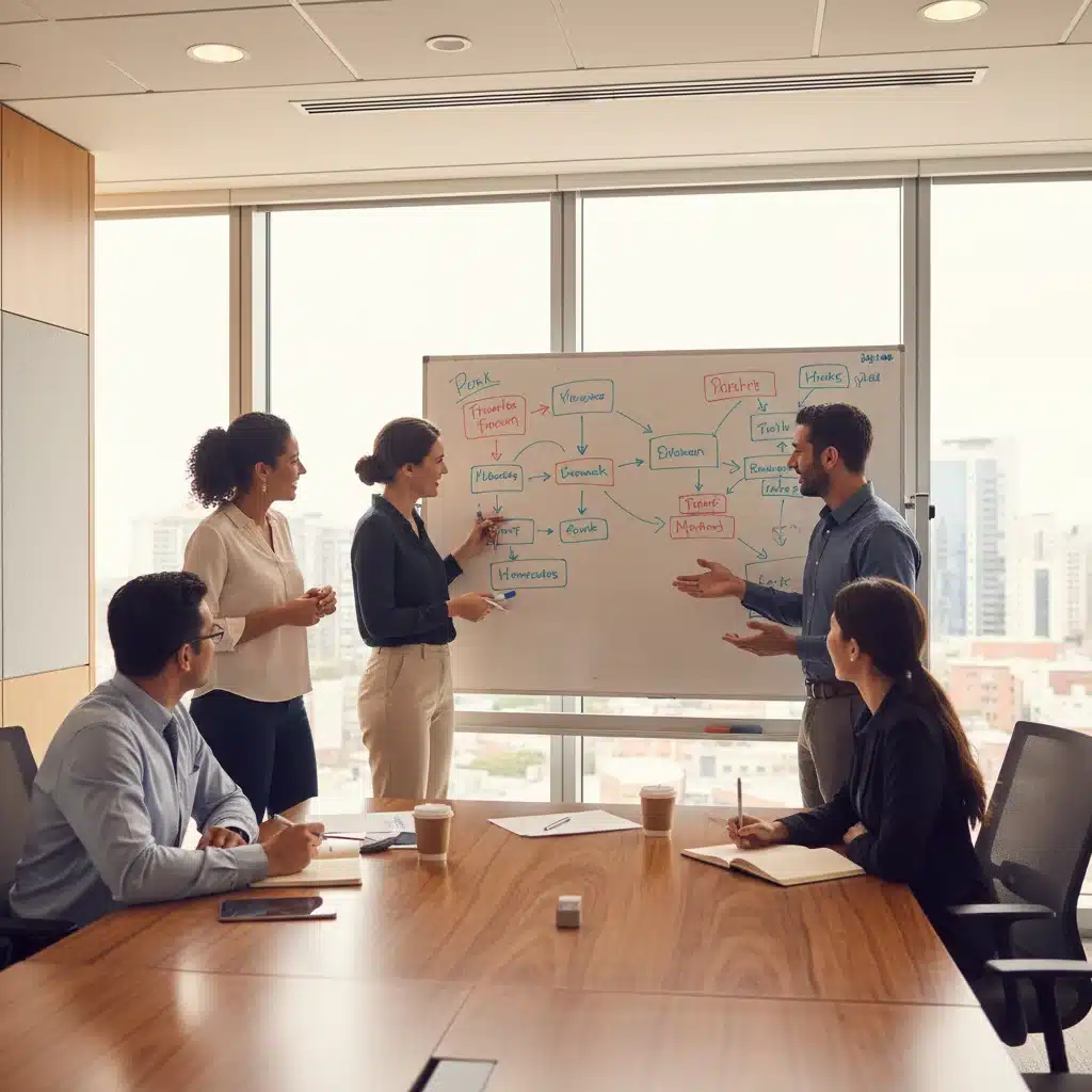 Team collaborating actively in a meeting room, device-free, fostering in-person communication