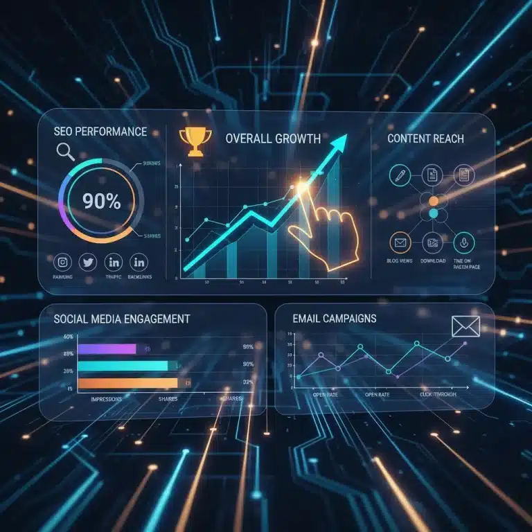 Digital marketing dashboard showing growth and success in various online strategies.