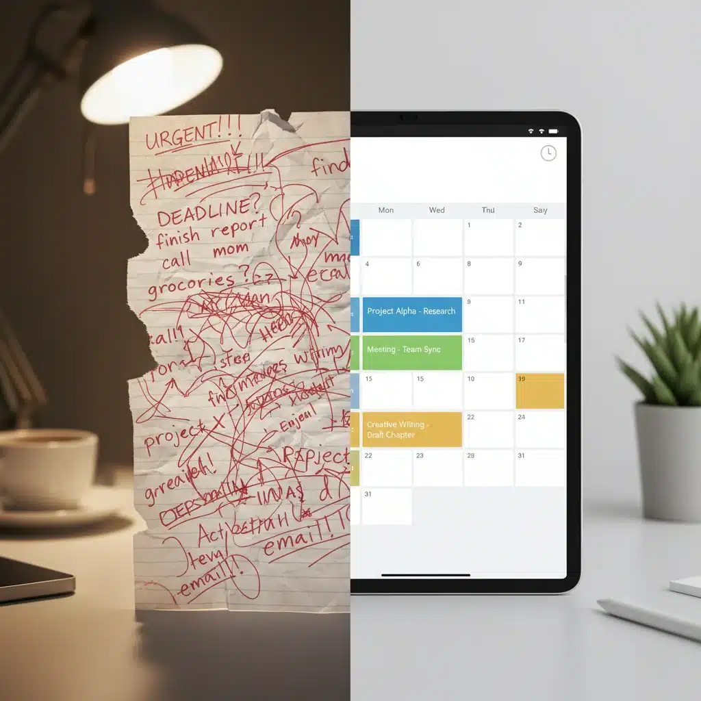 Visual comparison of a disorganized task list versus a structured time-blocked calendar
