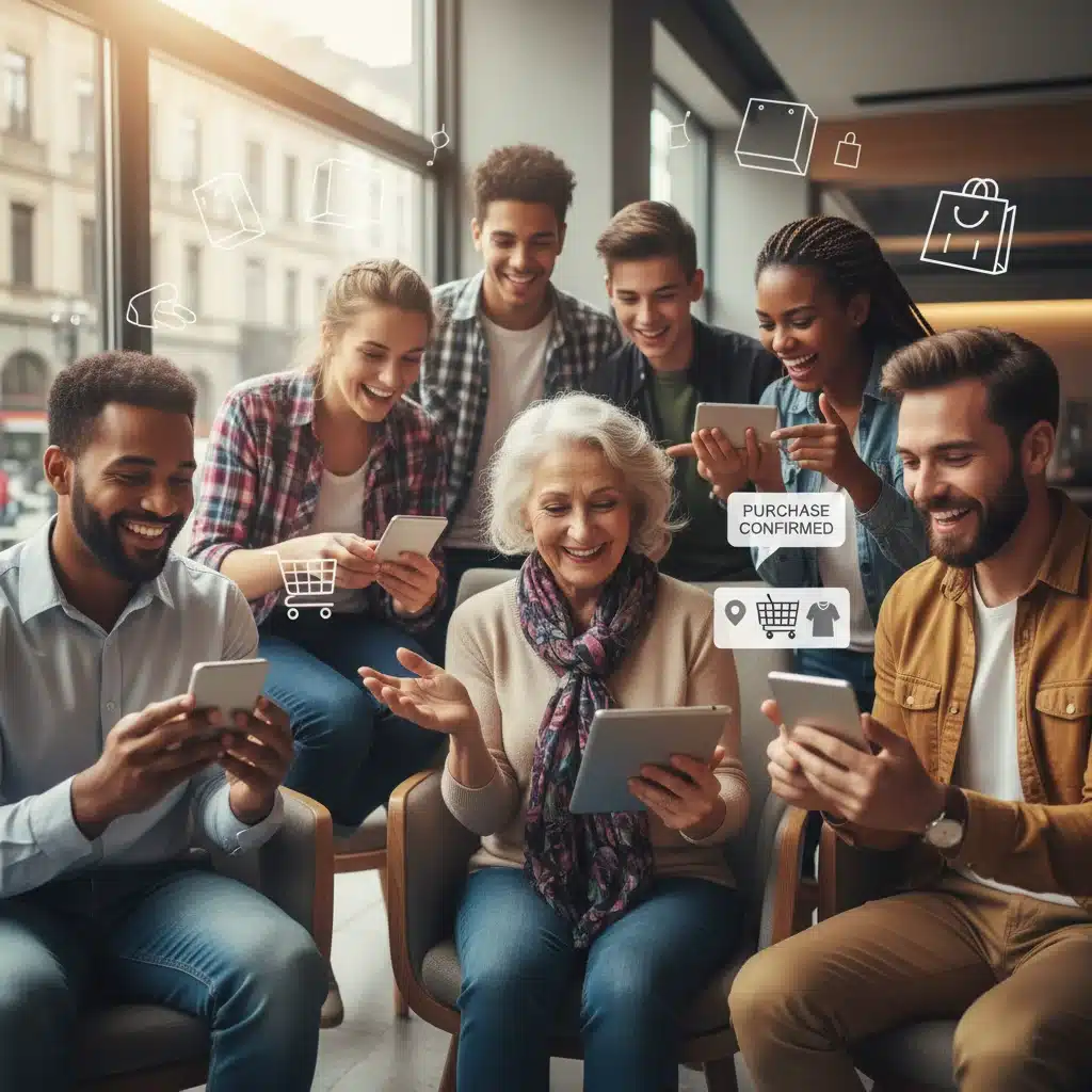 Diverse consumers engaging in online shopping on smartphones and tablets