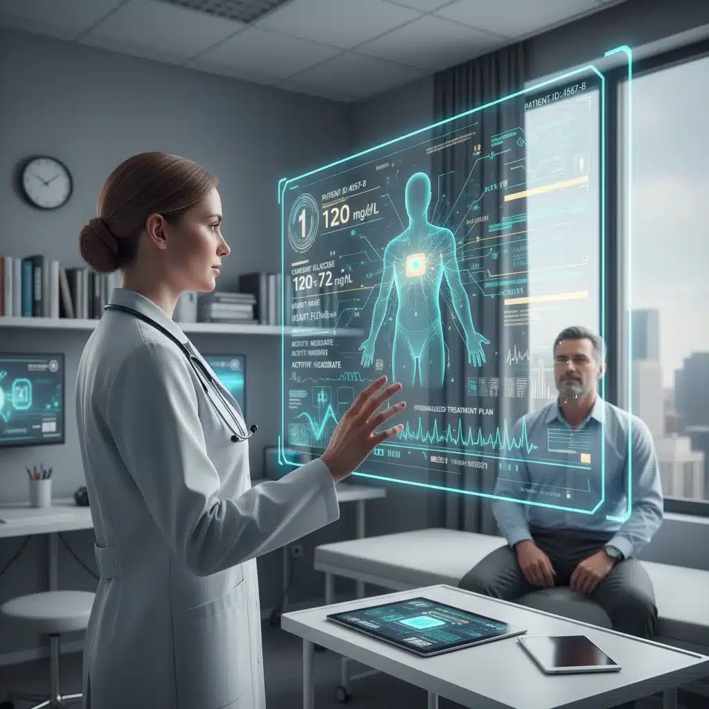 Doctor analyzing patient data from smart patch on holographic display