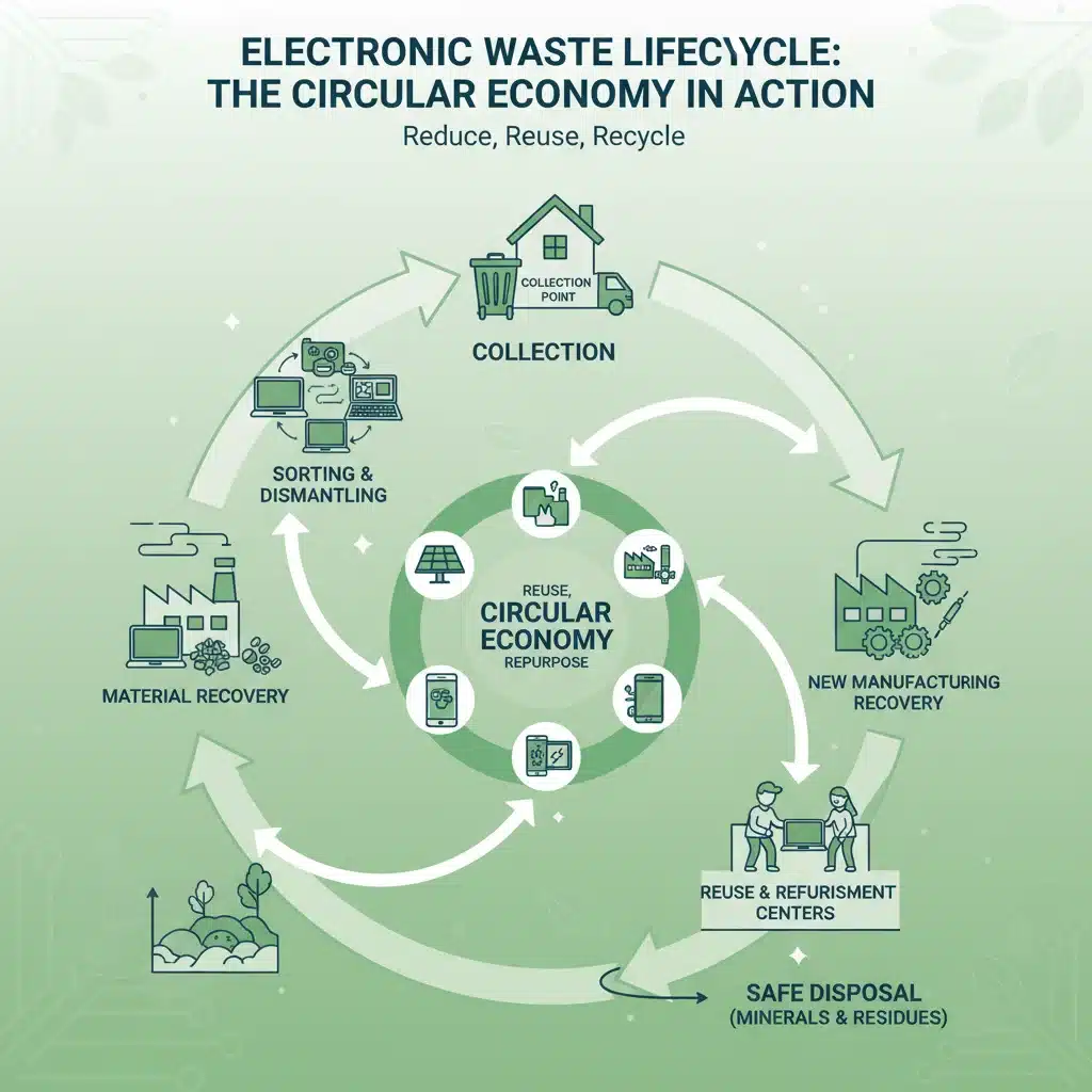 Infographic showing the circular economy of electronic waste recycling.