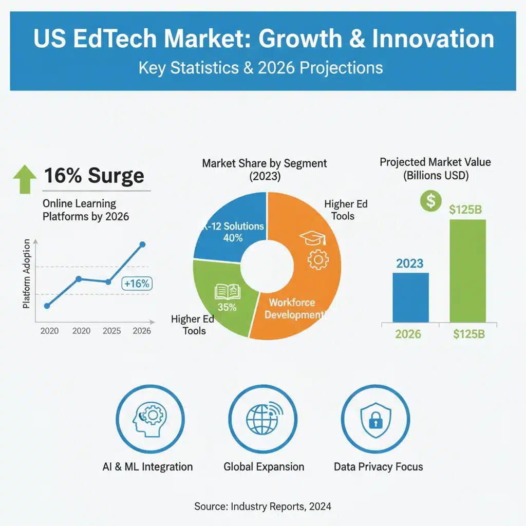 Infographic showing a 16% growth projection for US online learning platforms by 2026, with key market data.