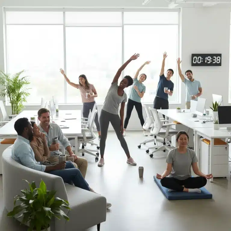 Employees enjoying a 20-minute power break for wellness and productivity