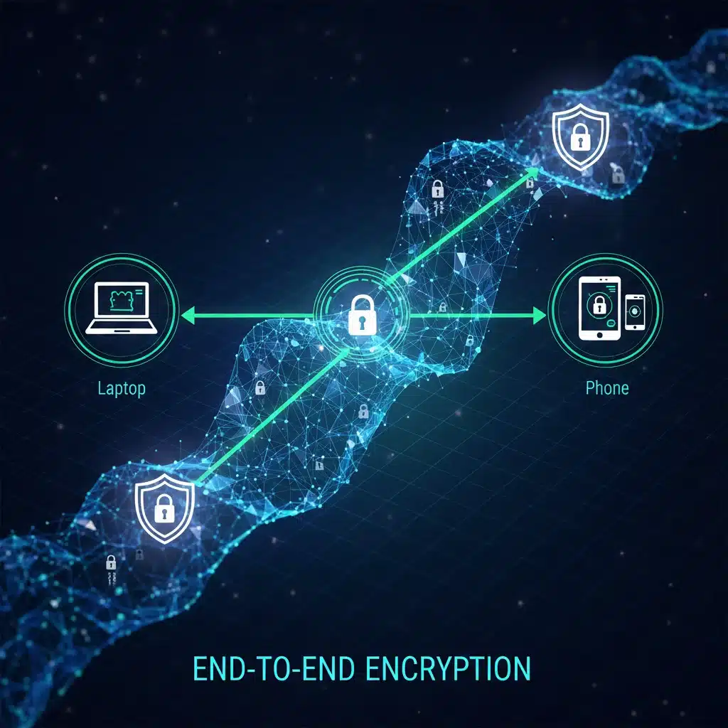Encrypted data flow across multiple devices, illustrating secure password manager synchronization.