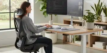 Ergonomic home office setup for remote US workers in 2026, featuring a comfortable chair and adjustable desk.