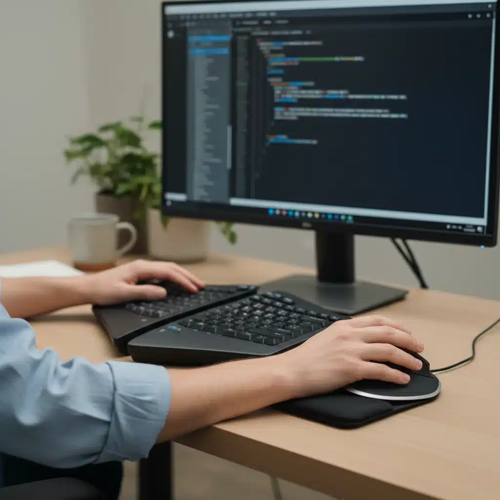 Proper hand and wrist posture using an ergonomic keyboard and mouse for remote work.