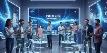 Customers engaging with an interactive product display in a futuristic experiential retail store.
