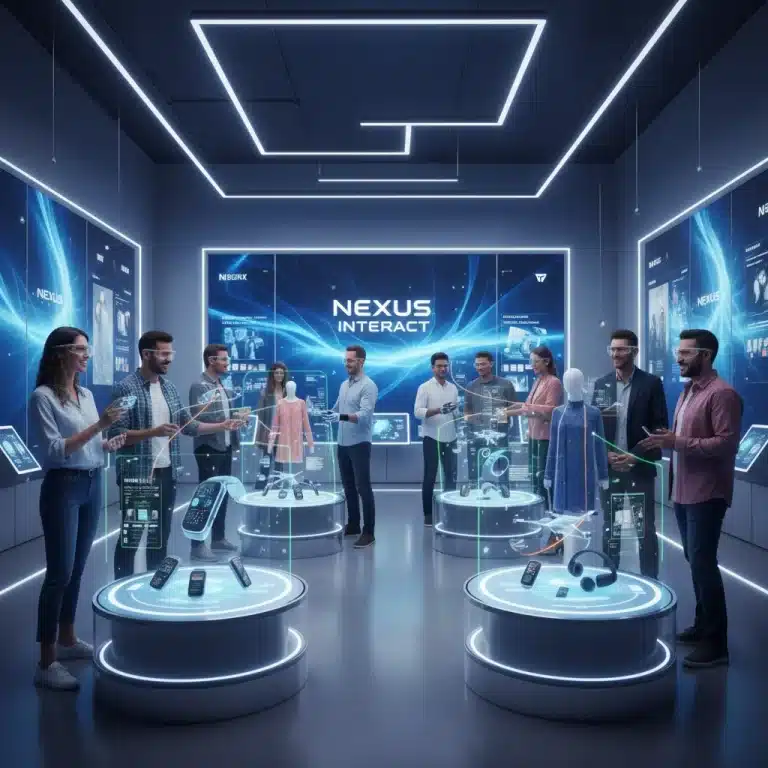 Customers engaging with an interactive product display in a futuristic experiential retail store.