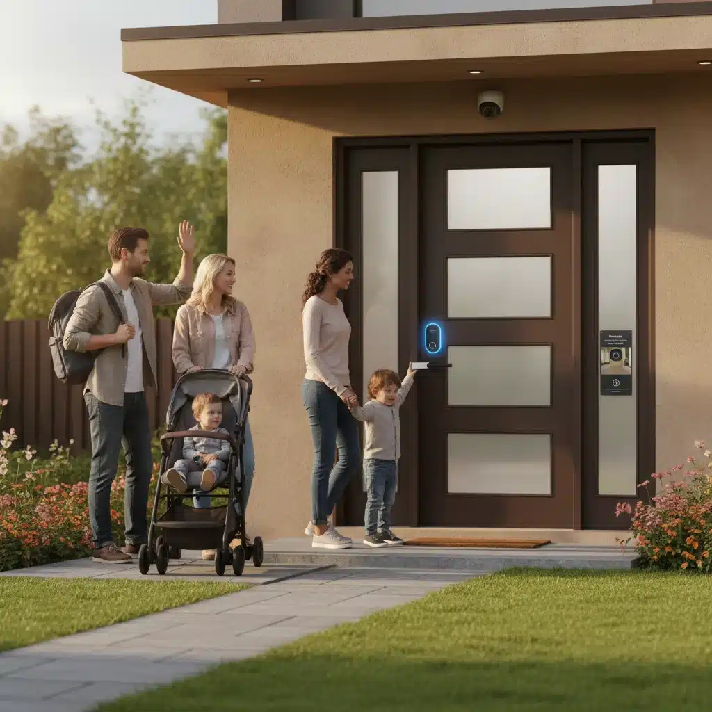 Family leaving home, smart lock automatically locking for peace of mind.
