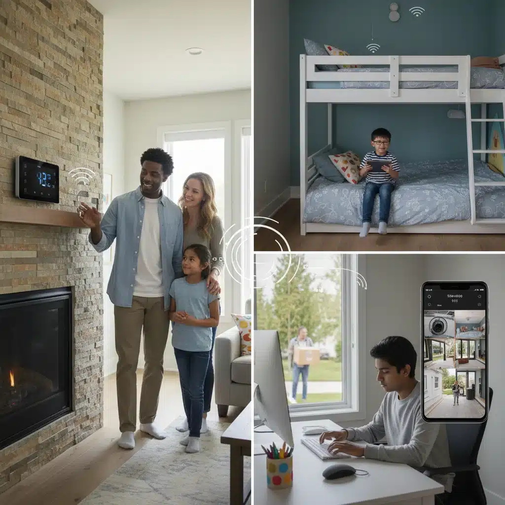 Family members using different smart devices for remote home management