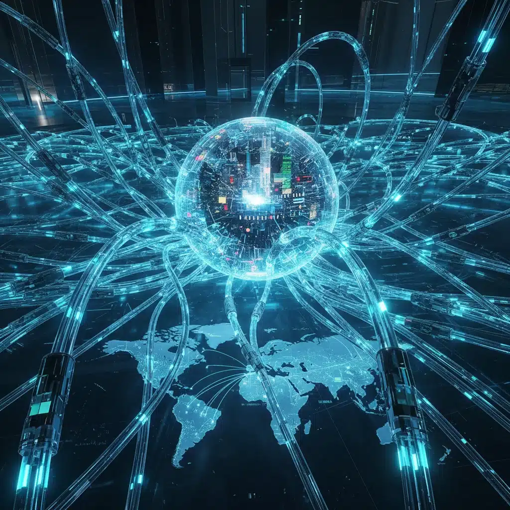 Glowing fiber optic cables representing digital infrastructure