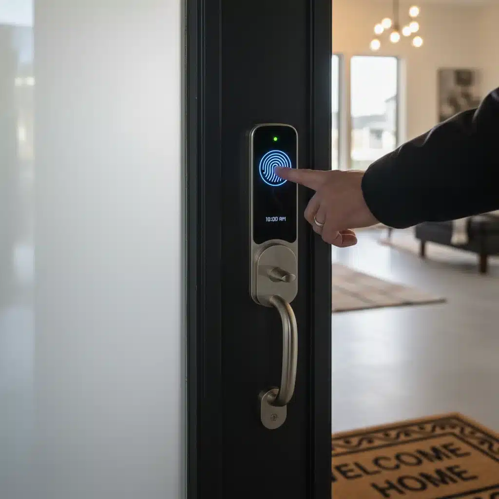 Homeowner unlocking smart lock with fingerprint scanner for convenient access.