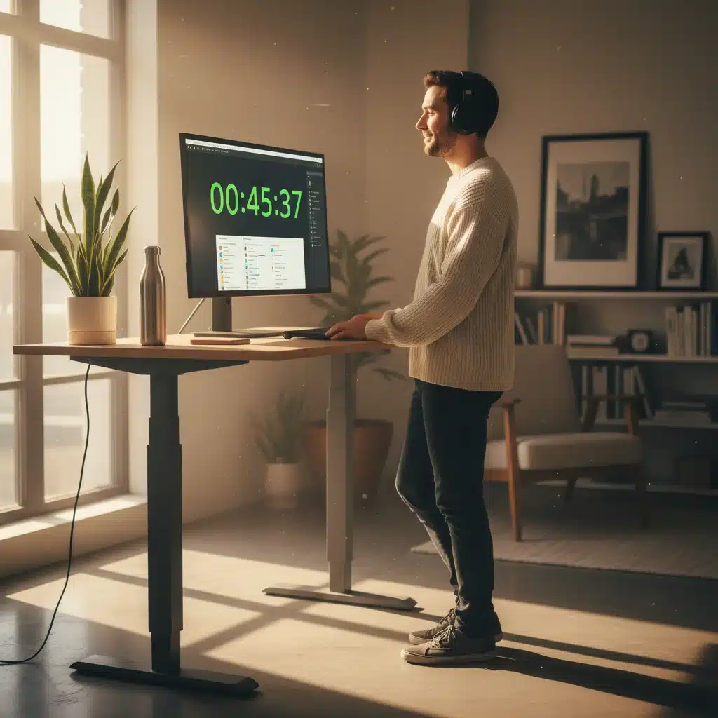 Employee practicing focused deep work using time blocking techniques and a timer
