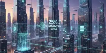 Futuristic cityscape with glowing digital connections representing advanced US technology market and AI integration surge.