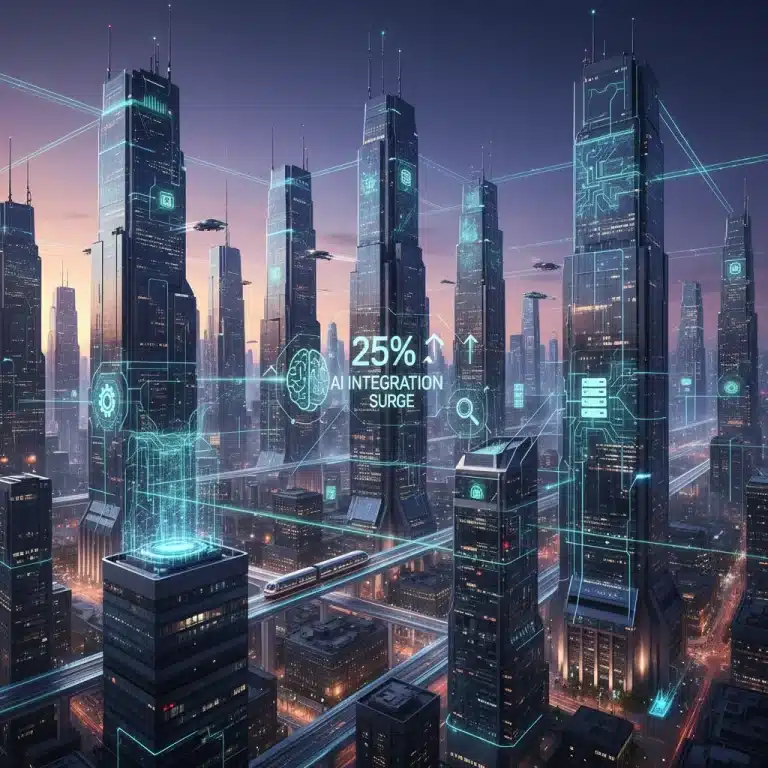 Futuristic cityscape with glowing digital connections representing advanced US technology market and AI integration surge.