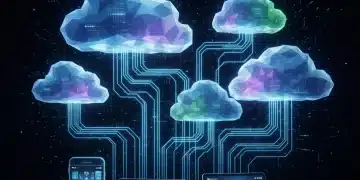 Futuristic digital cloud storage connecting personal devices securely