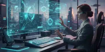 Futuristic personal computing setup with holographic displays and AI interaction.