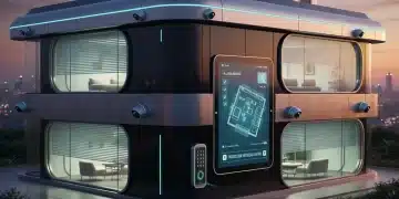 Futuristic smart home with glowing security features at dusk