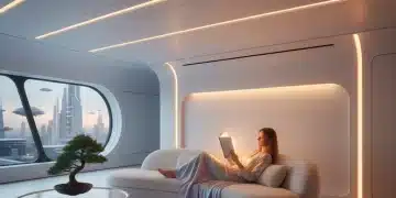 Futuristic living room with warm tunable smart lighting for health